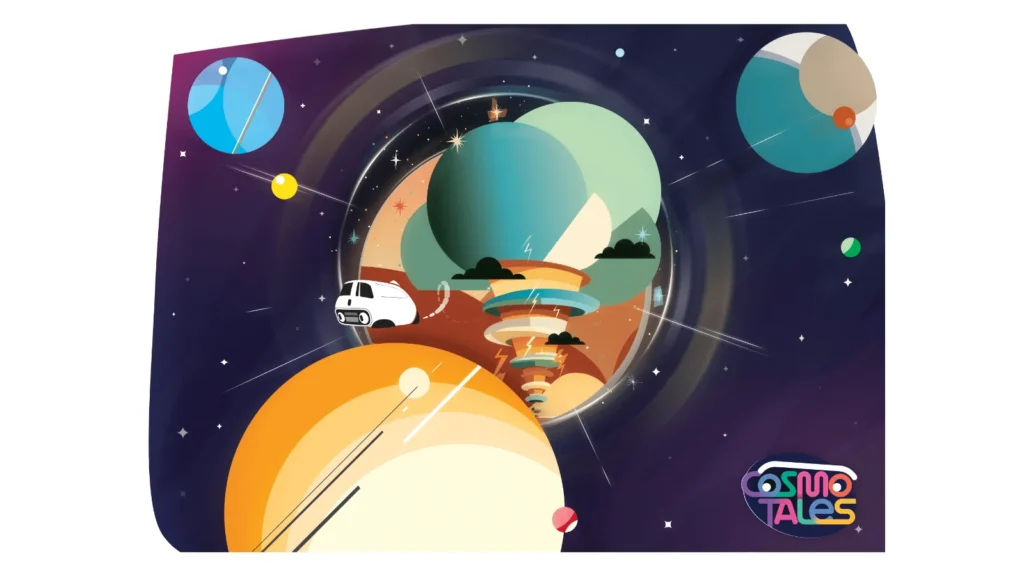 Cosmo Tales traz aventura espacial com carro falante e arte estilo Saul Bass. Lançamento em Acesso Antecipado no Q3 de 2026.