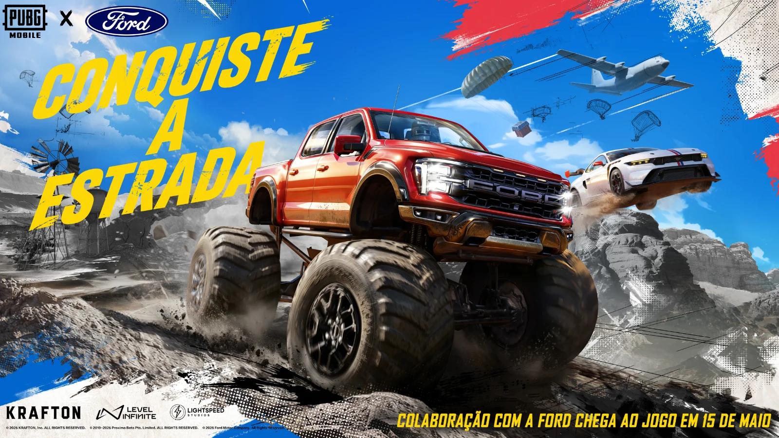 A engenharia da Ford chega ao PUBG MOBILE! Pilote o Mustang GTD e a F-150 Raptor R no campo de batalha até 7 de julho. Confira os itens exclusivos da parceria.
