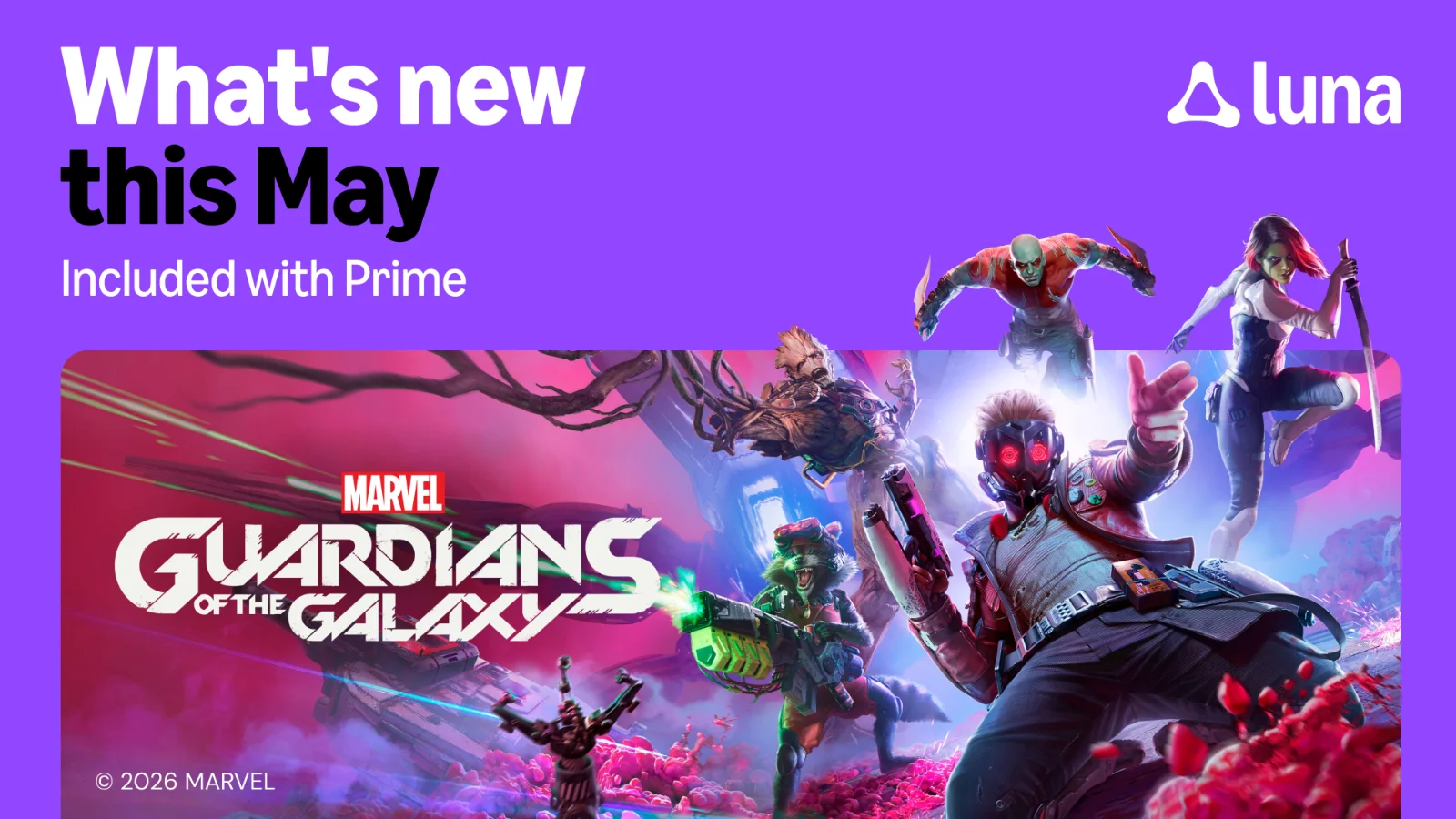 Confira as novidades do Luna para maio de 2026! Membros Prime recebem Guardians of the Galaxy, Resident Evil 2, Mafia II e muito mais no serviço de nuvem da Amazon.
