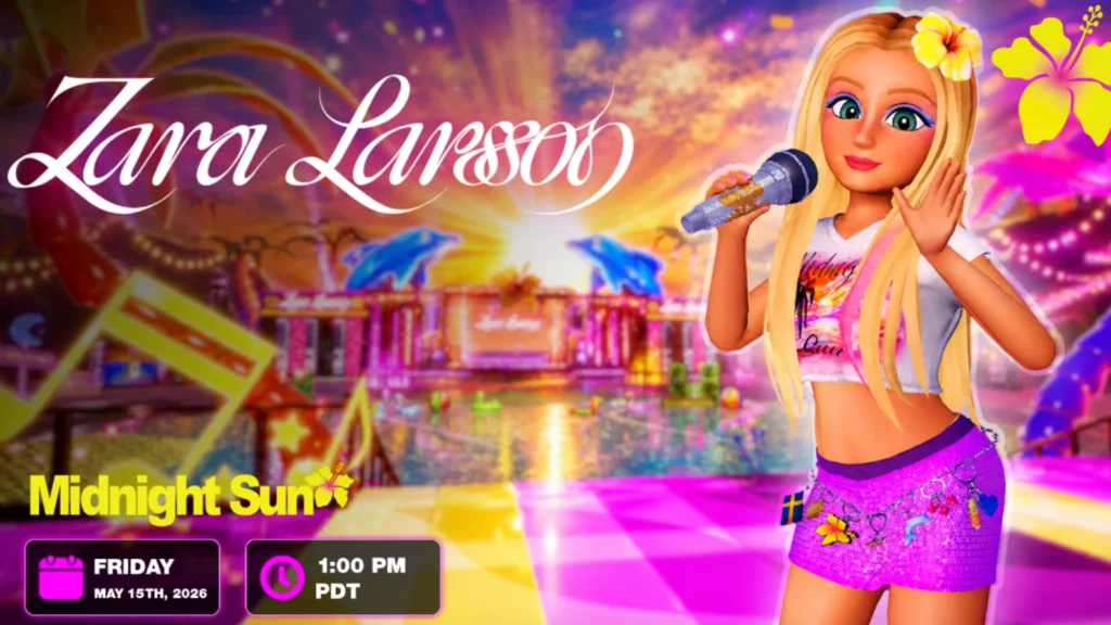 Zara Larsson retorna ao Roblox com o show Midnight Sun World! Participe do evento em 15 de maio, desbloqueie itens UGC raros e explore minigames interativos.