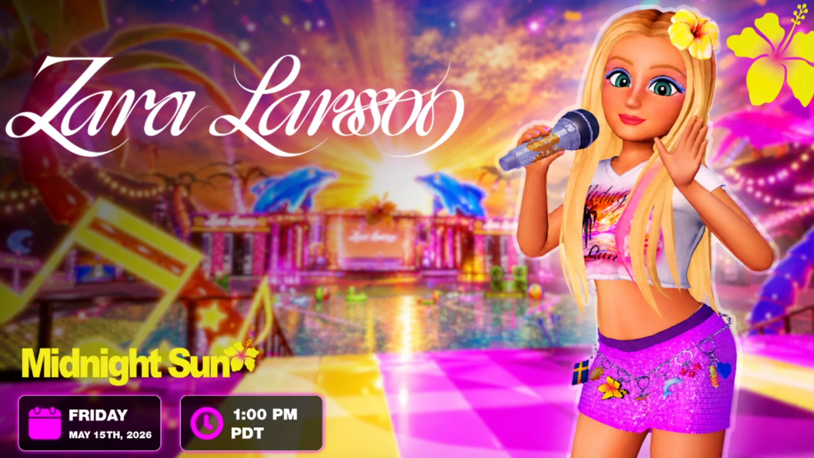Zara Larsson retorna ao Roblox com o show Midnight Sun World! Participe do evento em 15 de maio, desbloqueie itens UGC raros e explore minigames interativos.