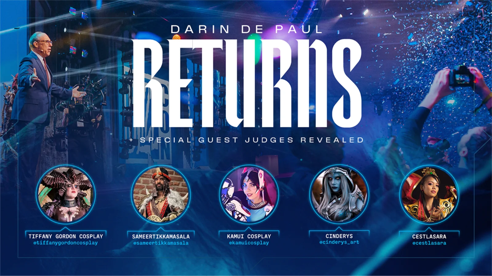 Darin De Paul apresenta a Noite da Comunidade na BlizzCon 2026! Conheça os jurados de cosplay e inscreva-se até 15 de maio para os concursos de arte e talento.