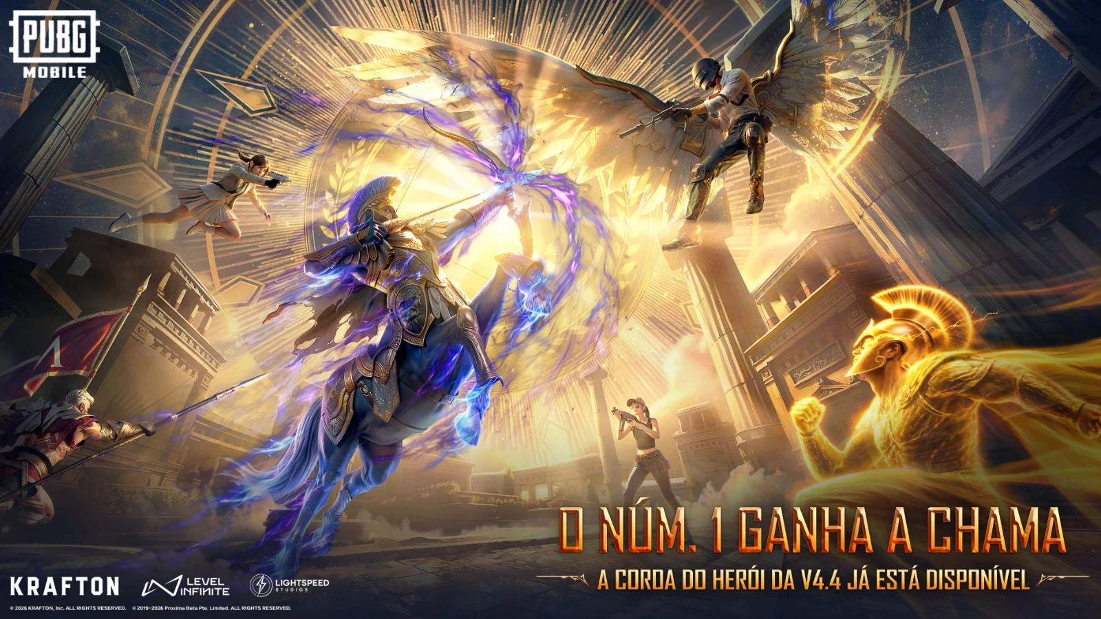 A Versão 4.4 de PUBG MOBILE já está disponível! Explore o modo Coroa do Herói com deuses gregos, pilote o novo Roadster e teste o sistema de Grupo Rápido.
