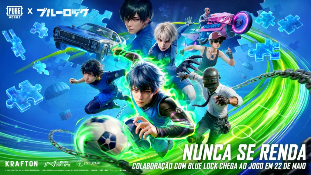 anime de futebol BLUE LOCK chegou ao PUBG MOBILE! Desbloqueie trajes de Isagi e Bachira, veículos temáticos e skins exclusivas até junho.