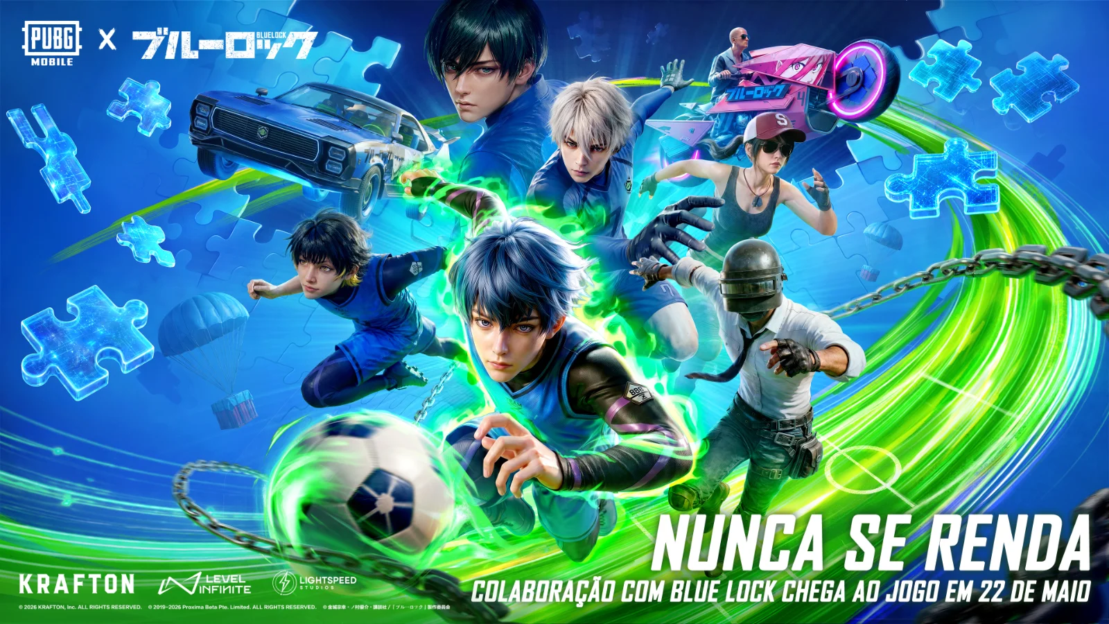 anime de futebol BLUE LOCK chegou ao PUBG MOBILE! Desbloqueie trajes de Isagi e Bachira, veículos temáticos e skins exclusivas até junho.