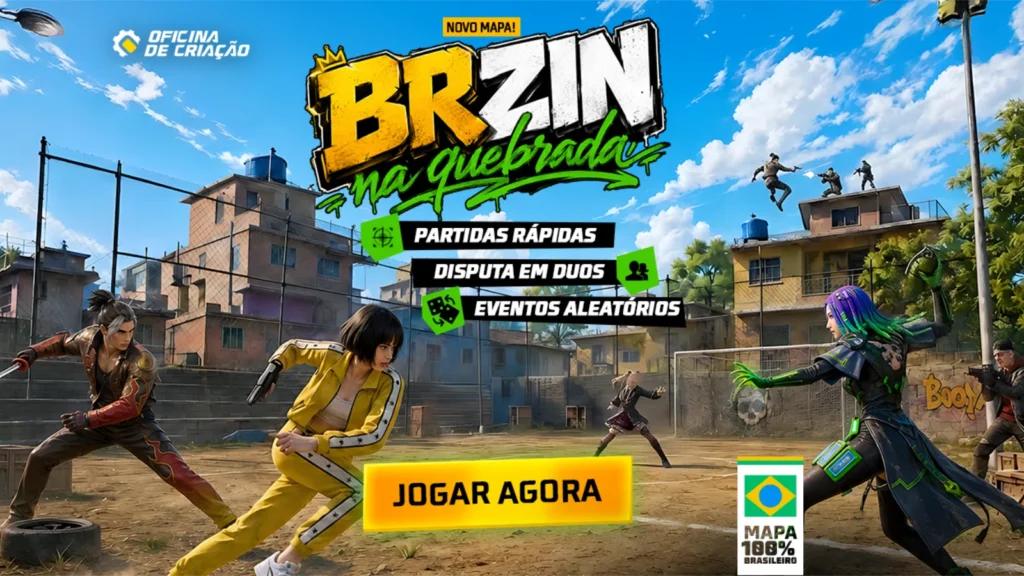Free Fire lança o modo BRzin na Quebrada em junho de 2026. O novo Mini Battle Royale em duplas traz um mapa de várzea com eventos aleatórios.