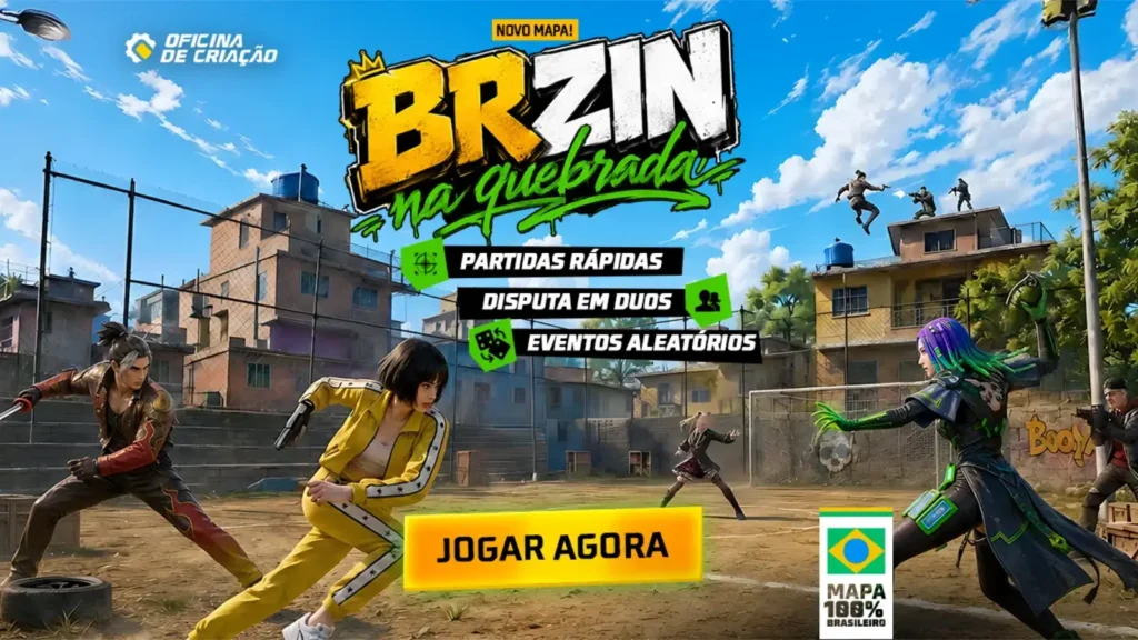 Free Fire lança o modo BRzin na Quebrada em junho de 2026. O novo Mini Battle Royale em duplas traz um mapa de várzea com eventos aleatórios.