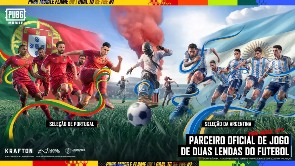 A temporada Flame On Football chegou ao PUBG MOBILE! Ganhe camisas oficiais da Argentina e Portugal, itens de Richarlison e prêmios com palpites de galinhas.