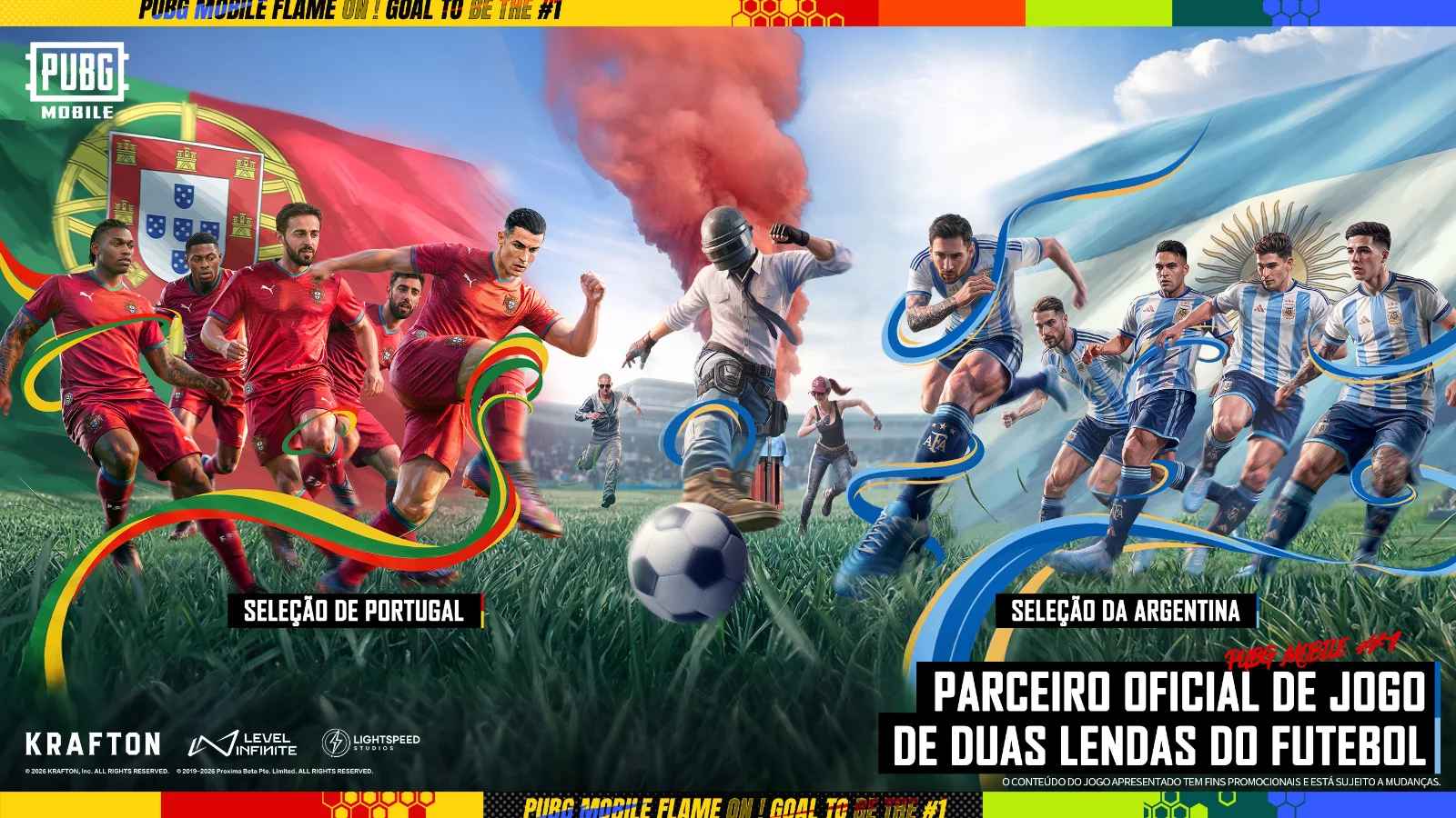 A temporada Flame On Football chegou ao PUBG MOBILE! Ganhe camisas oficiais da Argentina e Portugal, itens de Richarlison e prêmios com palpites de galinhas.