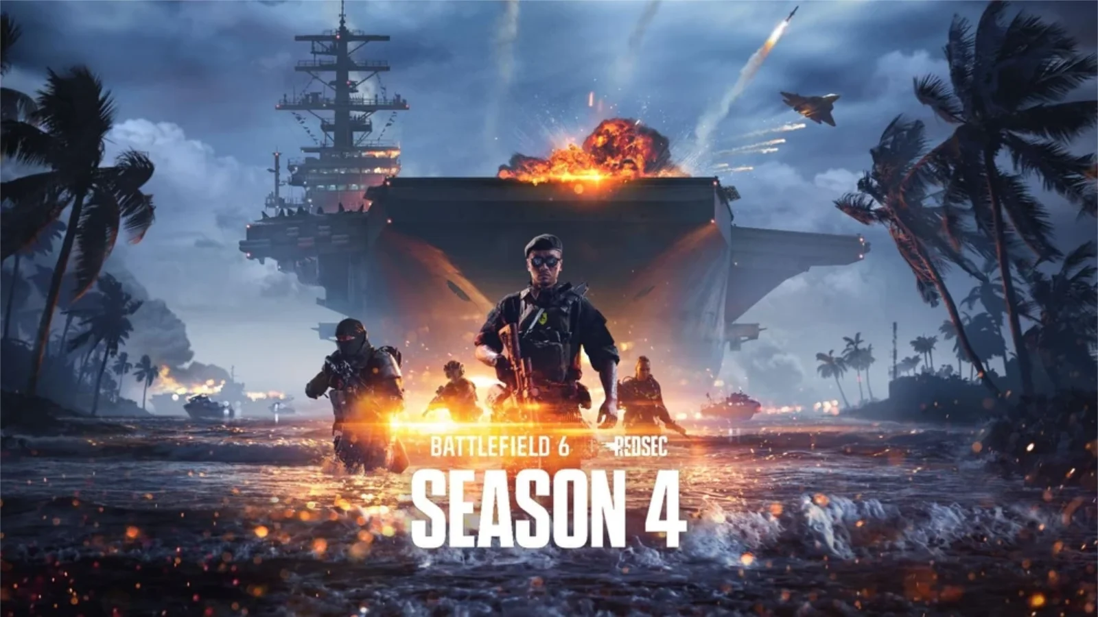 A Temporada 4 de Battlefield 6 e REDSEC chega em 21 de julho! Confira o novo mapa Recifes de Tsuru, veículos navais e o crossover com Top Gun.