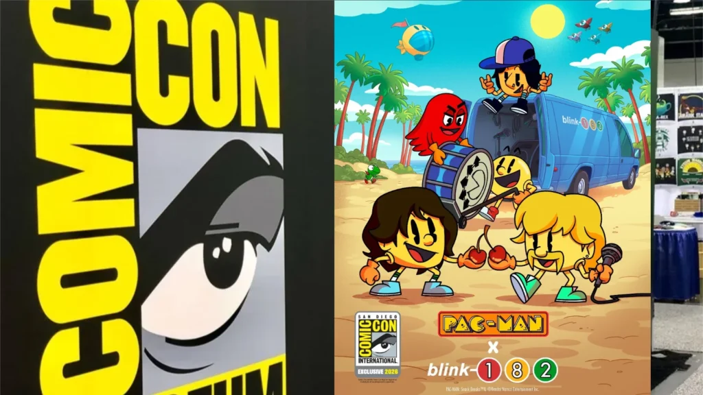 PAC-MAN e blink-182 anunciam colaboração na San Diego Comic-Con 2026! Confira o vinil de edição limitada, camisetas e o estande de fliperama.