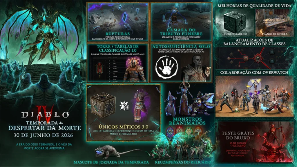 A Temporada 14 de Diablo IV já está disponível! Teste a classe Bruxo de graça, explore as Rupturas do Pandemônio e jogue o modo Autossuficiência Solo.
