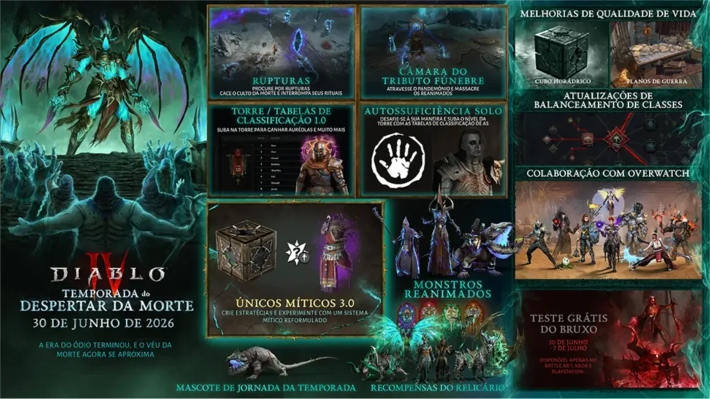 A Temporada 14 de Diablo IV já está disponível! Teste a classe Bruxo de graça, explore as Rupturas do Pandemônio e jogue o modo Autossuficiência Solo.