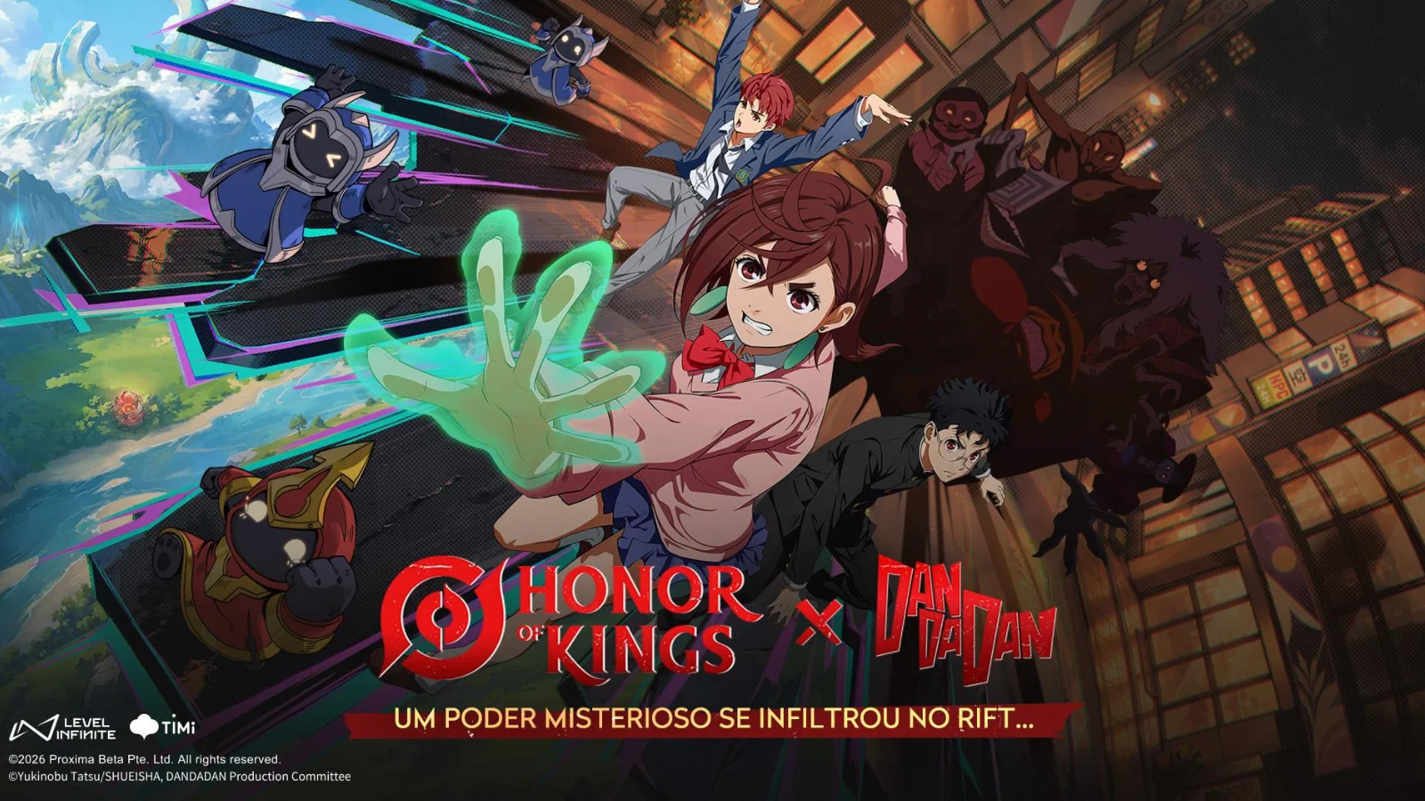 A colaboração entre Honor of Kings e DAN DA DAN traz skins de Momo e Okarun! Participe dos eventos de agosto e resgate prêmios gratuitos.