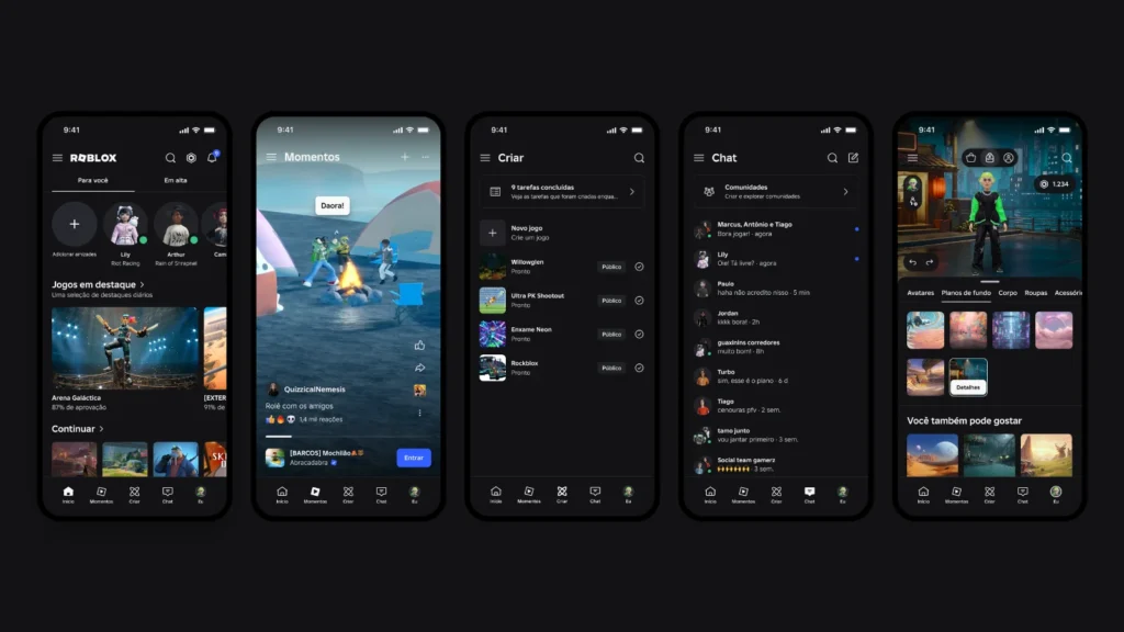 A plataforma Roblox lançou uma nova interface com as abas Moments, Chat e Eu! Descubra vídeos de gameplay, novos recursos e personalização.