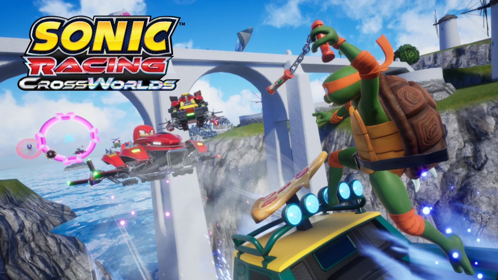 O Pacote d'As Tartarugas Ninja chegou ao Sonic Racing: CrossWorlds! Jogue com Leonardo, Raphael, Donatello e Michelangelo na pista New York City.