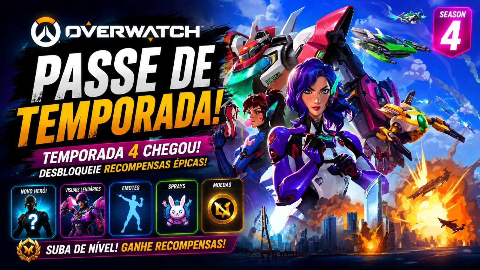 O novo passe de batalha da Temporada 4 de Overwatch traz a heroína tanque D.Mon, o Esquadrão MEKA e trilhas customizáveis. Confira!