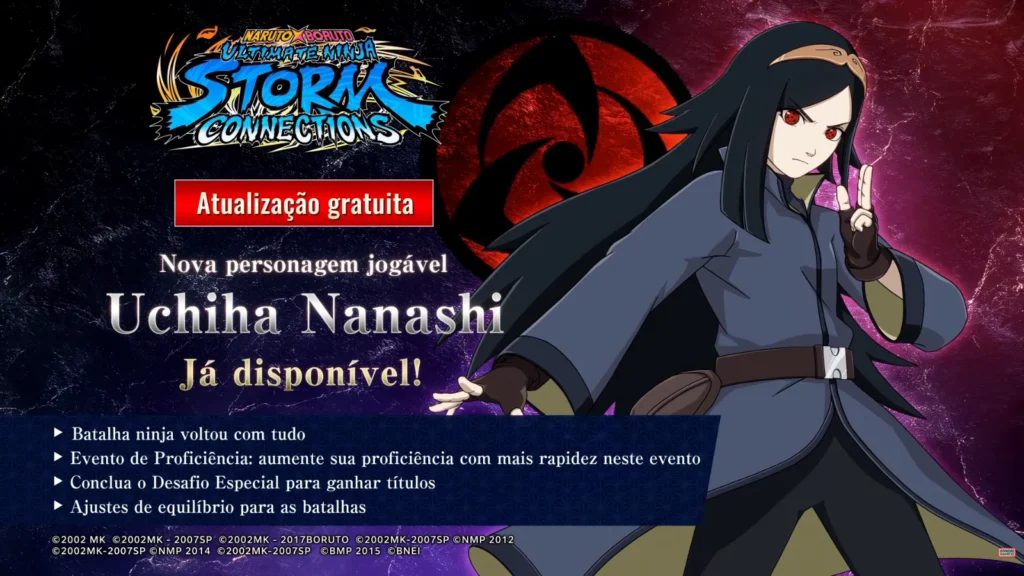 Nanashi Uchiha em Ultimate Ninja STORM CONNECTIONS já está jogável! Confira o retorno das Batalhas Ninja, novos eventos e ajustes de combate.