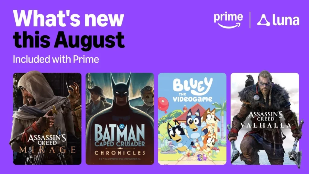 Os jogos de agosto no Amazon Luna já estão disponíveis! Curta Batman: Caped Crusader, Bluey, Assassin’s Creed e 9 títulos de PC no Prime.