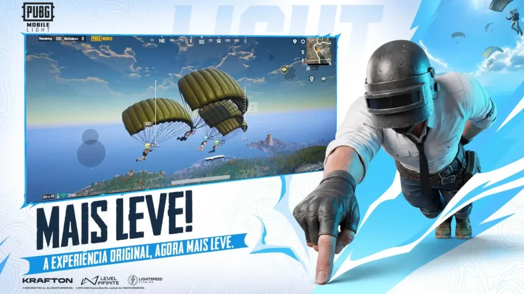 O lançamento de PUBG MOBILE LIGHT traz Erangel com 100 jogadores em menos de 1 GB e cross-play. Faça o pré-registro no Android e iOS!