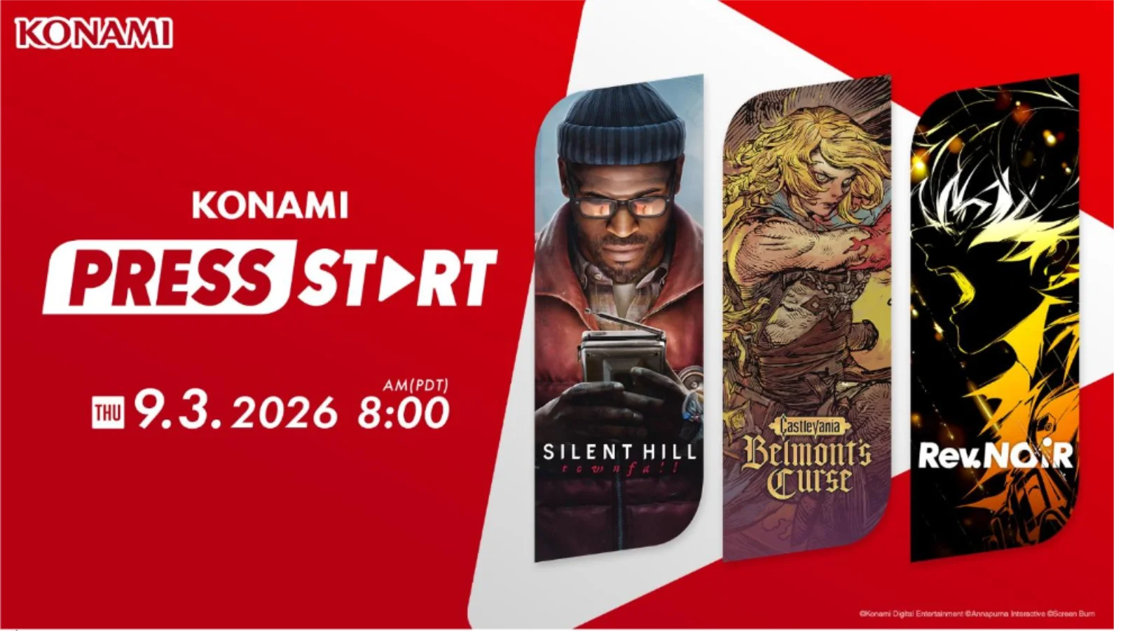 A transmissão do KONAMI PRESS START acontece amanhã com novidades de Silent Hill: Townfall, Castlevania e Rev. NOiR. Veja os horários!