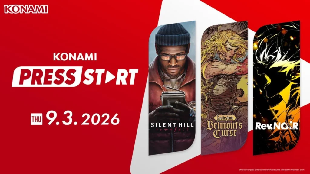 Os anúncios do evento KONAMI PRESS START revelam Rhapsody in Scarlet, Silent Hill, Castlevania e novidades para Switch 2. Confira tudo!