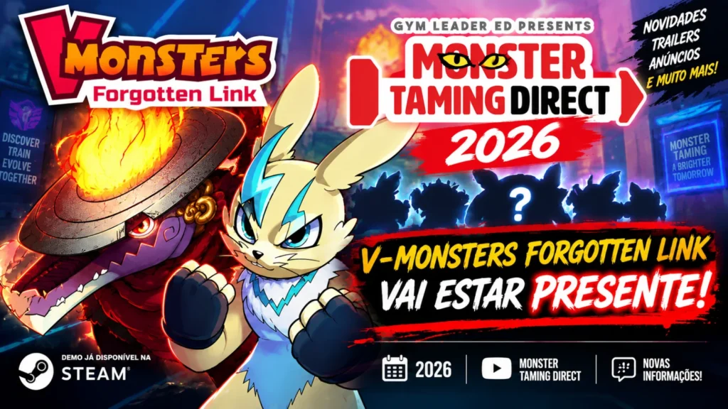 O jogo V-Monsters Forgotten Link no Monster Taming Direct 2026 ganha trailer inédito e novidades em 12 de setembro. Confira os detalhes!