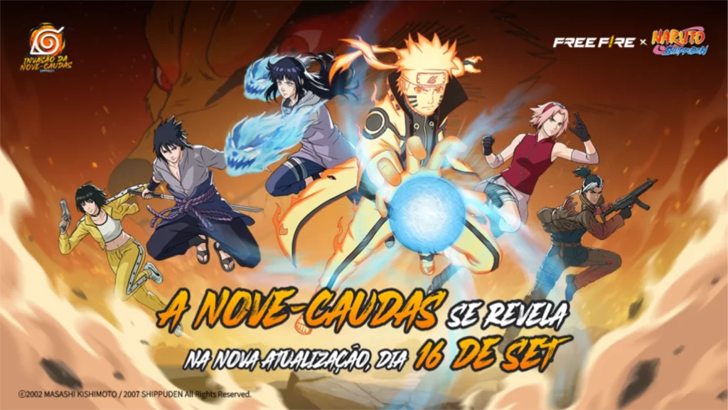 O evento de Free Fire com Naruto Shippuden traz Hinata Hyuga, controle da Nove-Caudas e Academia Ninja até outubro. Confira!