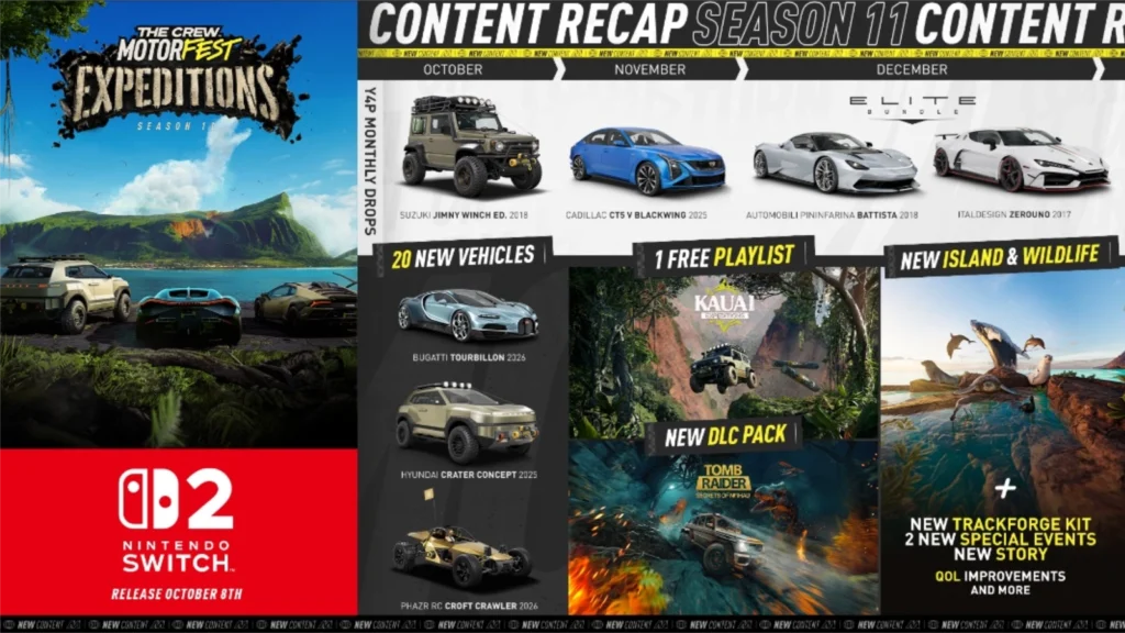 A chegada de The Crew Motorfest no Nintendo Switch 2 traz a ilha de Kauai, Lara Croft e o Bugatti Tourbillon. Confira!
