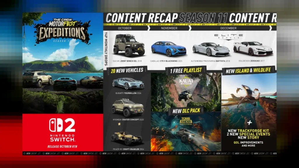 A chegada de The Crew Motorfest no Nintendo Switch 2 traz a ilha de Kauai, Lara Croft e o Bugatti Tourbillon. Confira!