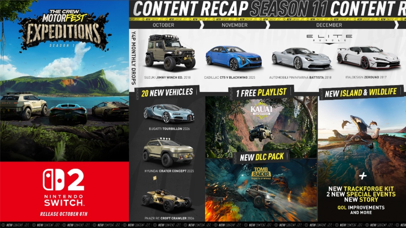 A chegada de The Crew Motorfest no Nintendo Switch 2 traz a ilha de Kauai, Lara Croft e o Bugatti Tourbillon. Confira!