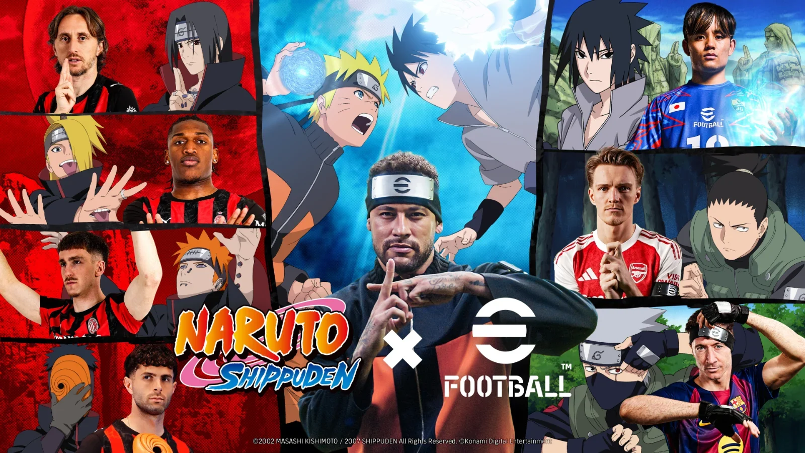 A Konami anuncia o crossover eFootball™ x Naruto Shippuden! Use Neymar (Naruto) e Kubo (Sasuke), execute Rasenshurikens em campo e ganhe itens grátis.