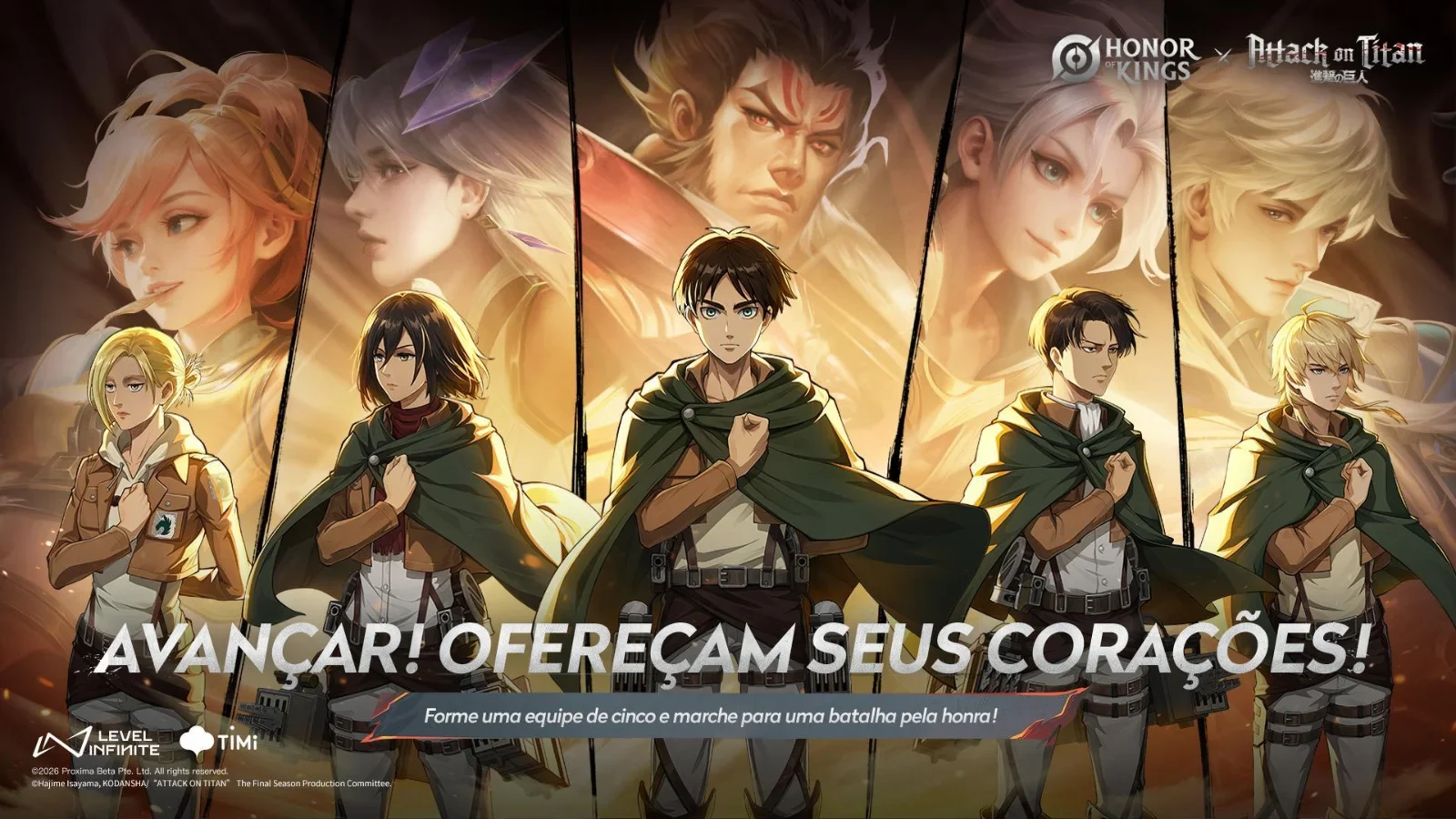 edique seu coração! Honor of Kings inicia colaboração com Attack on Titan. Desbloqueie skins da Annie, Titã Blindado e jogue o novo modo temático em maio.
