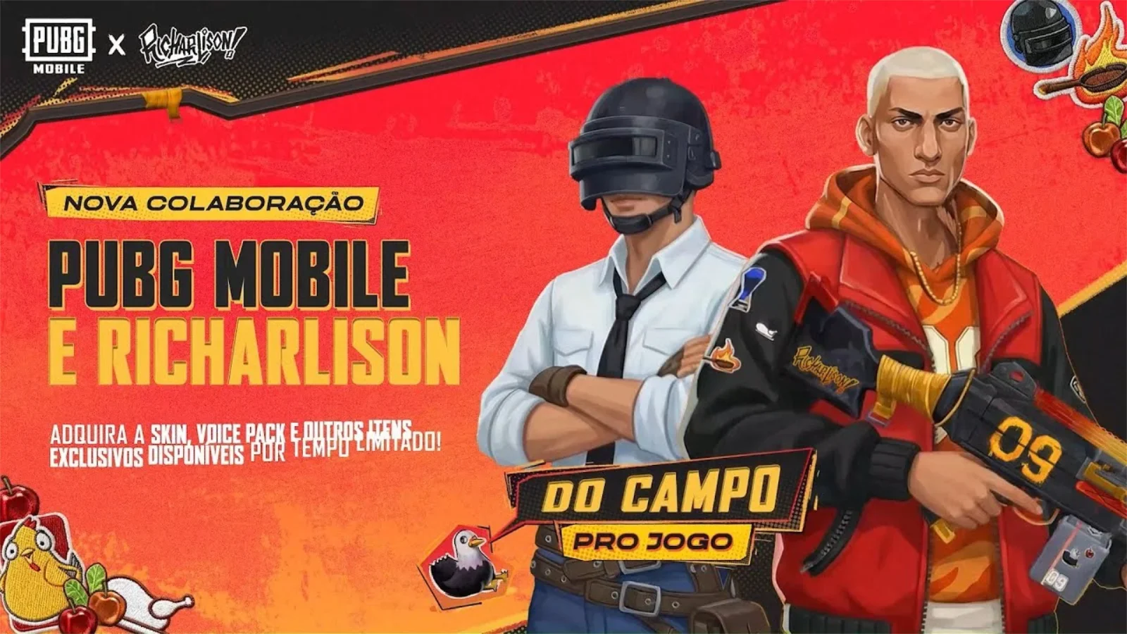 O Pombo chegou! Confira a colaboração PUBG MOBILE Richarlison com skin exclusiva, a famosa dança e itens temáticos disponíveis até abril.