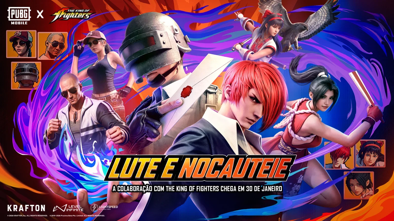 Colaboração PUBG MOBILE x King of Fighters traz skins de Mai, Iori e Nakoruru. Evento ativo até 10 de março com itens exclusivos.