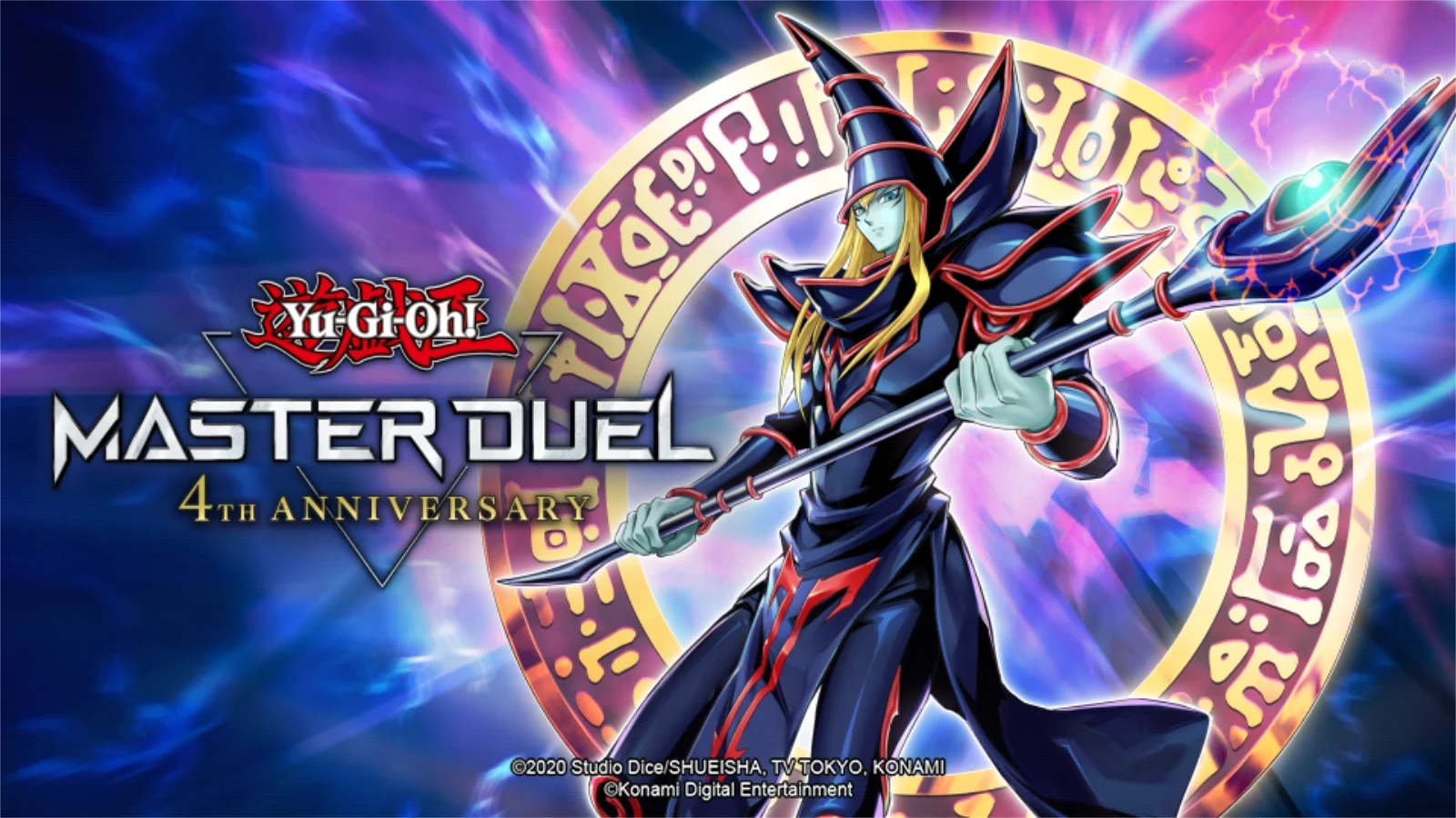 Celebre 4 anos de Master Duel! Resgate Mago Negro Royal Finish grátis, 1000 Gemas e confira a collab com hololive English.